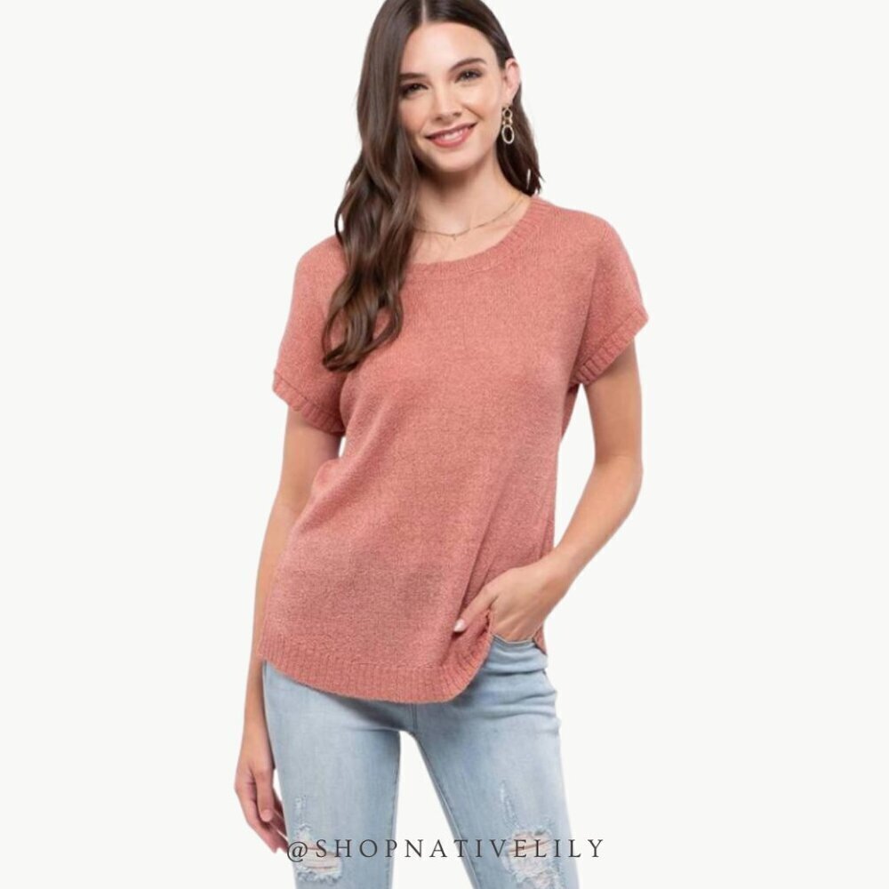 Mine Lace Up Back Knit Top Size Small Dusty Rose Short Sleeve Chic NWT - Picture 1 of 8